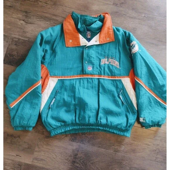 Vintage Starter Jacket NFL 90s Miami Dolphins Puffy Pullover Mens Large - Picture 1 of 16